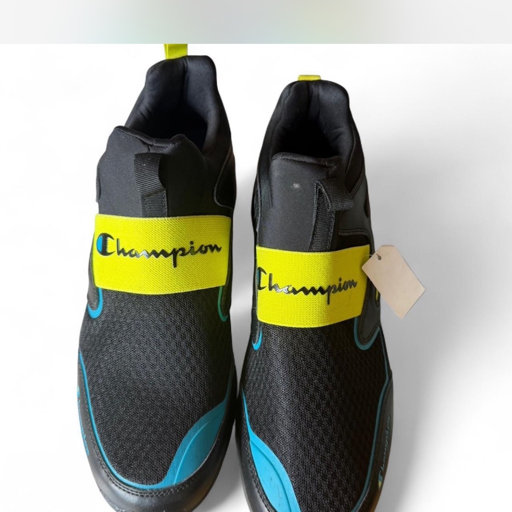 Champion Black Athletic Slip-Ons with Teal Accents and Yellow Strap